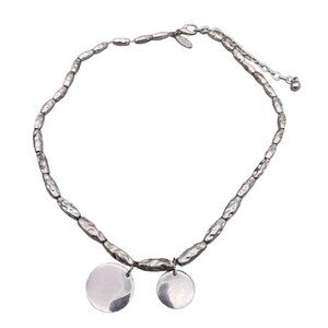 George Necklace Cast Silver Tone Chiseled Elongated Bead Disk Pendant 17"-20"